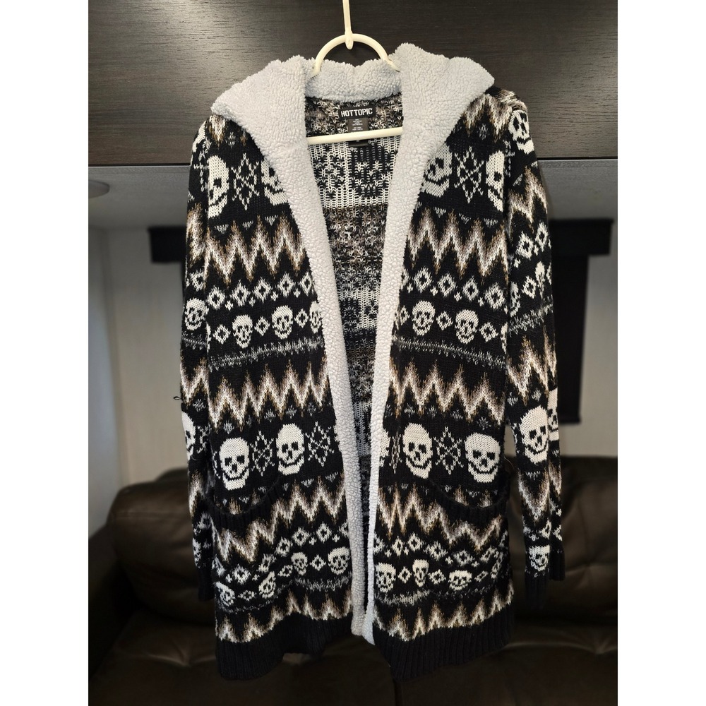 Hot Topic Skull Fair Isle Sherpa Lined Hooded Cardigan Sweater Black Tan M